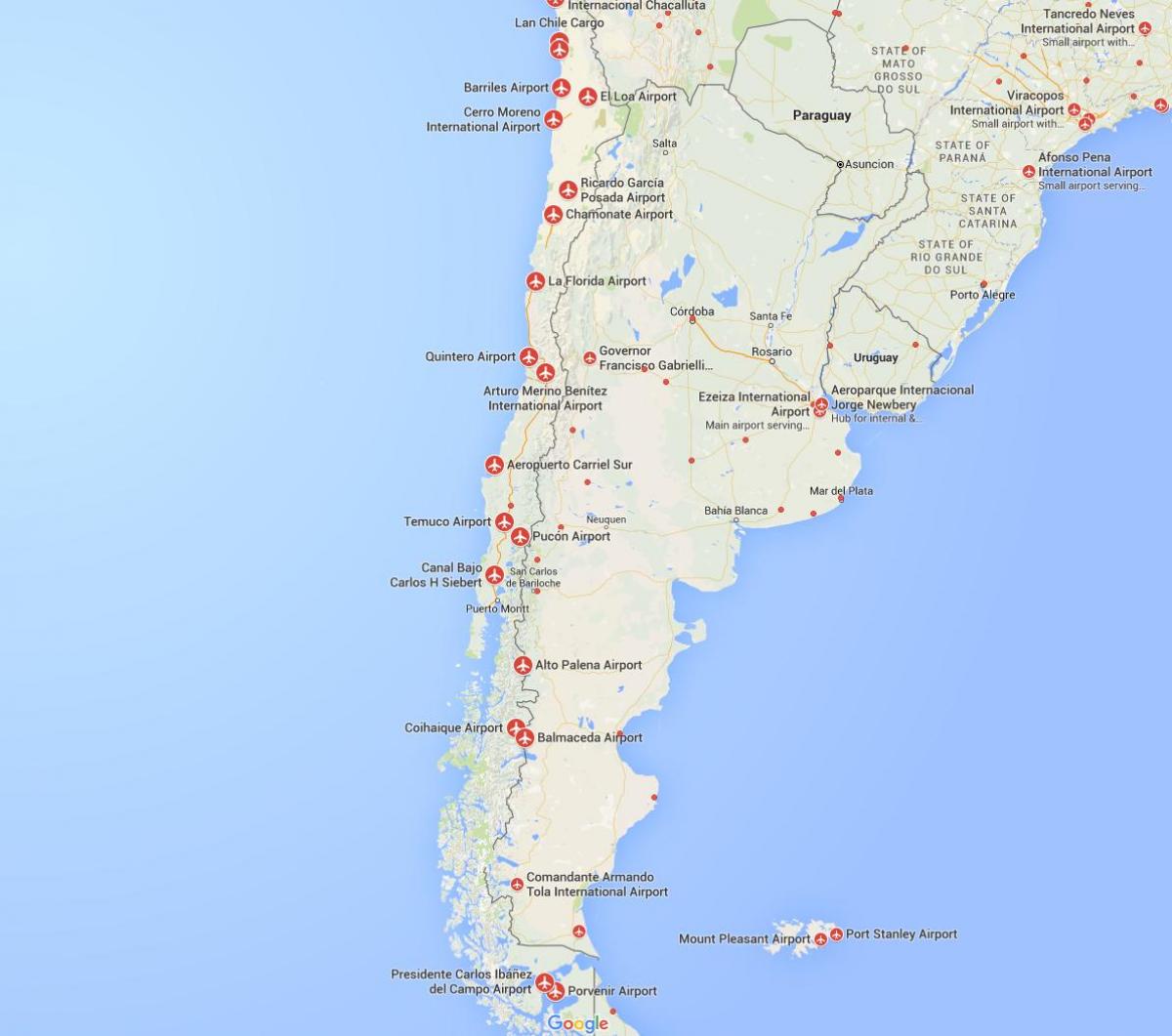 kaart van die lughawens in Chili