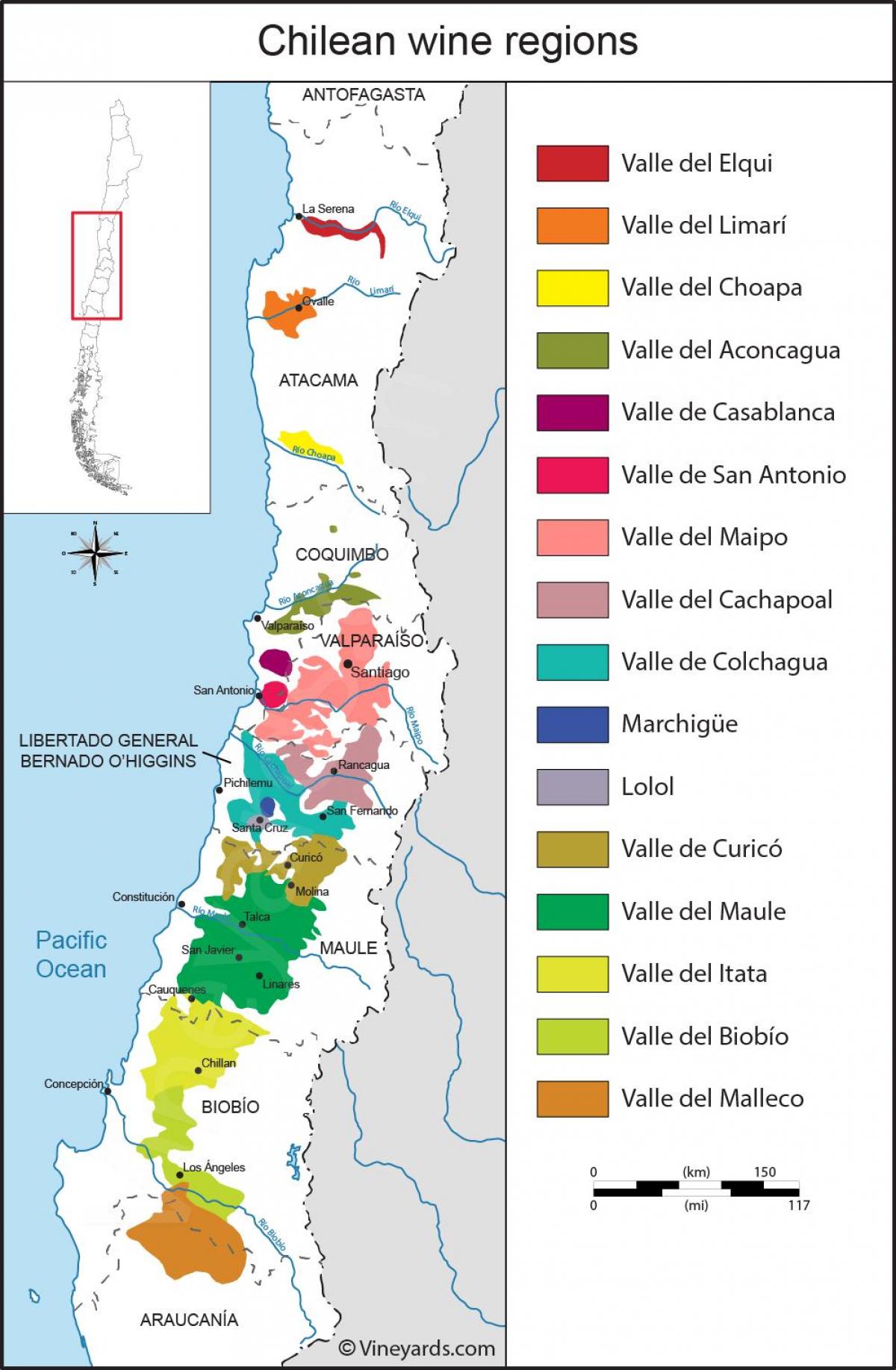 Kaart van Chili wyn streke 
