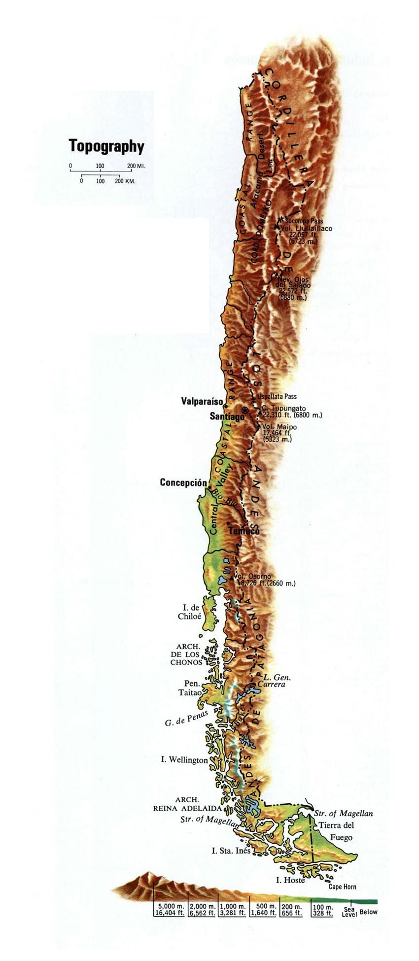 Kaart van Chili topografiese